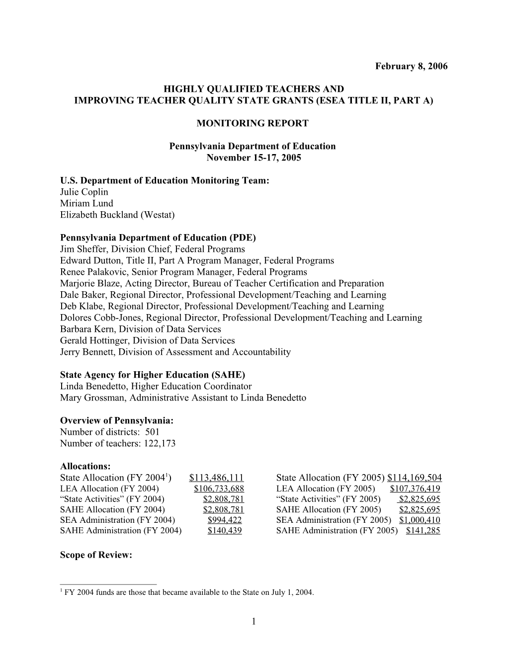 2005 Pennsylvania Monitoring Report: Highly Qualified Teachers and ESEA Title II, Part