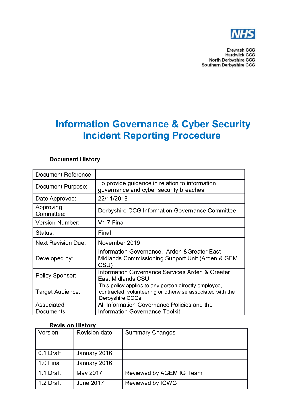 Information Governance & Cyber Security Incident Reporting Procedure
