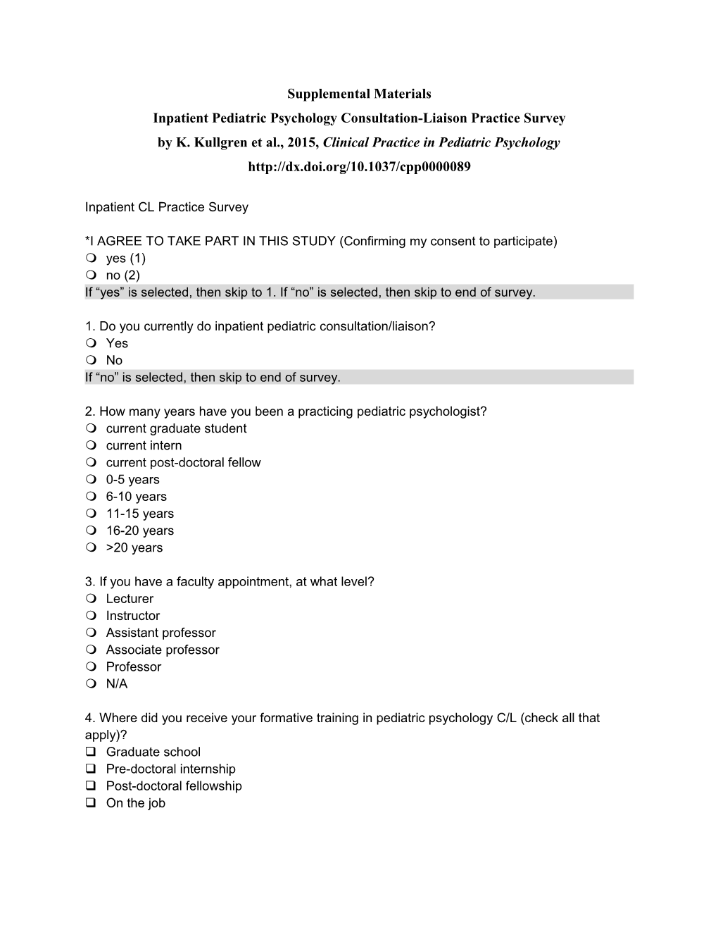 Inpatient Pediatric Psychology Consultation-Liaison Practice Survey