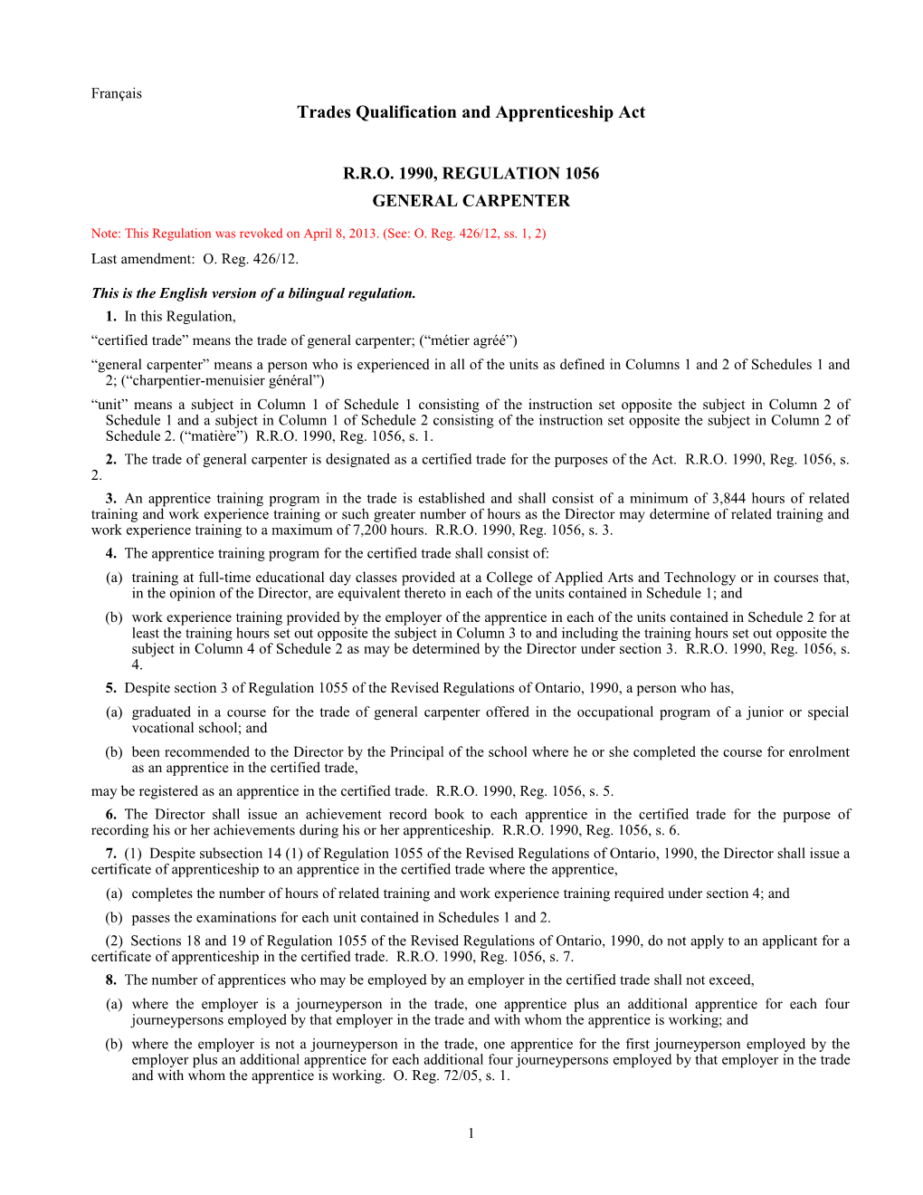 Trades Qualification and Apprenticeship Act - R.R.O. 1990, Reg. 1056