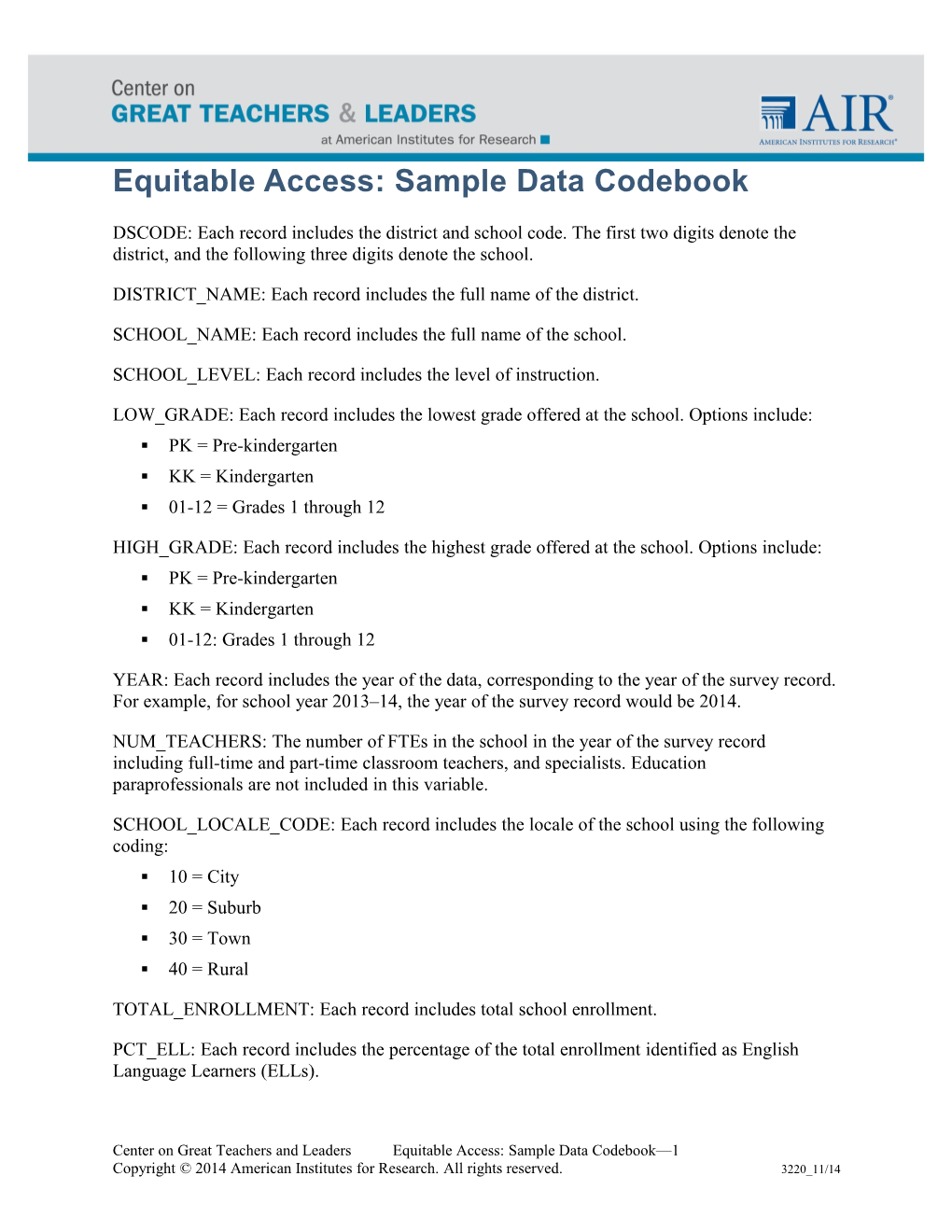 Equitable Access: Sample Data Codebook