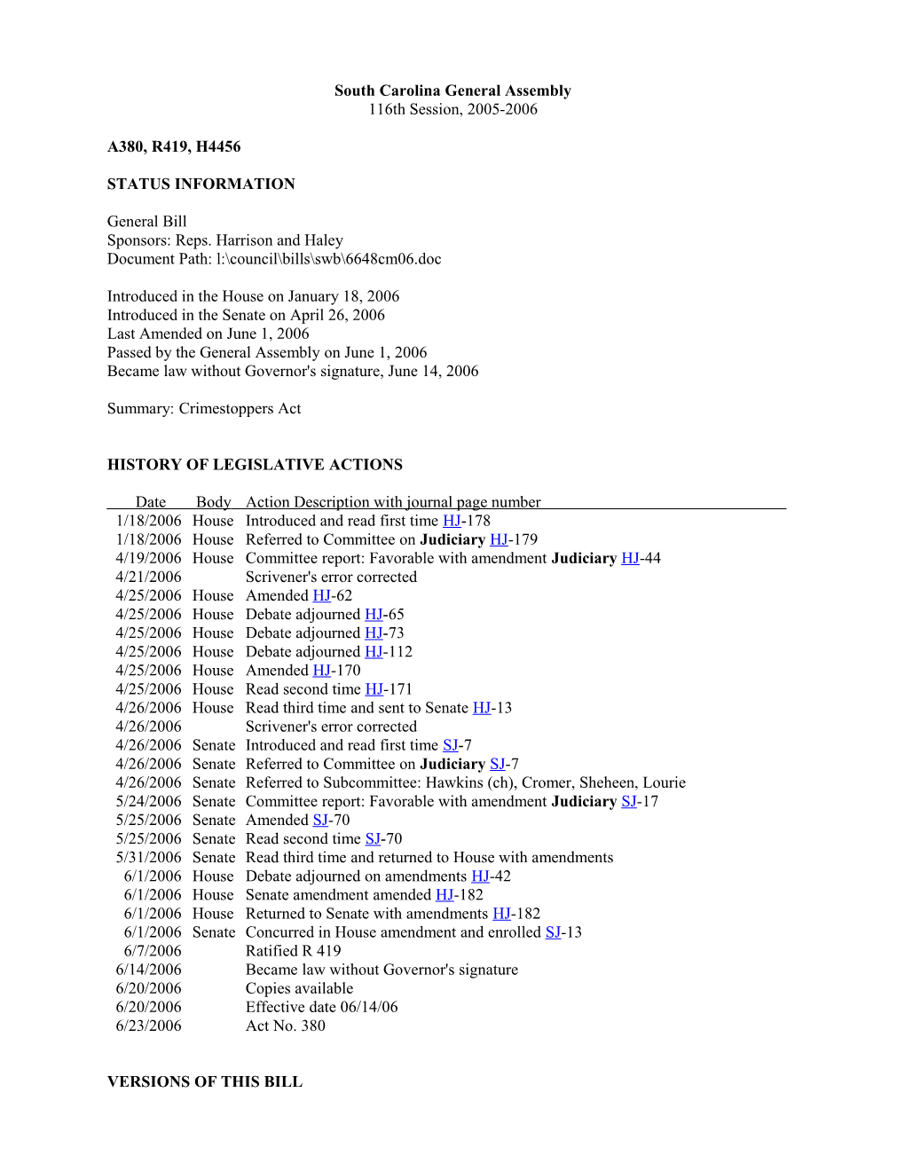 2005-2006 Bill 4456: Crimestoppers Act - South Carolina Legislature Online