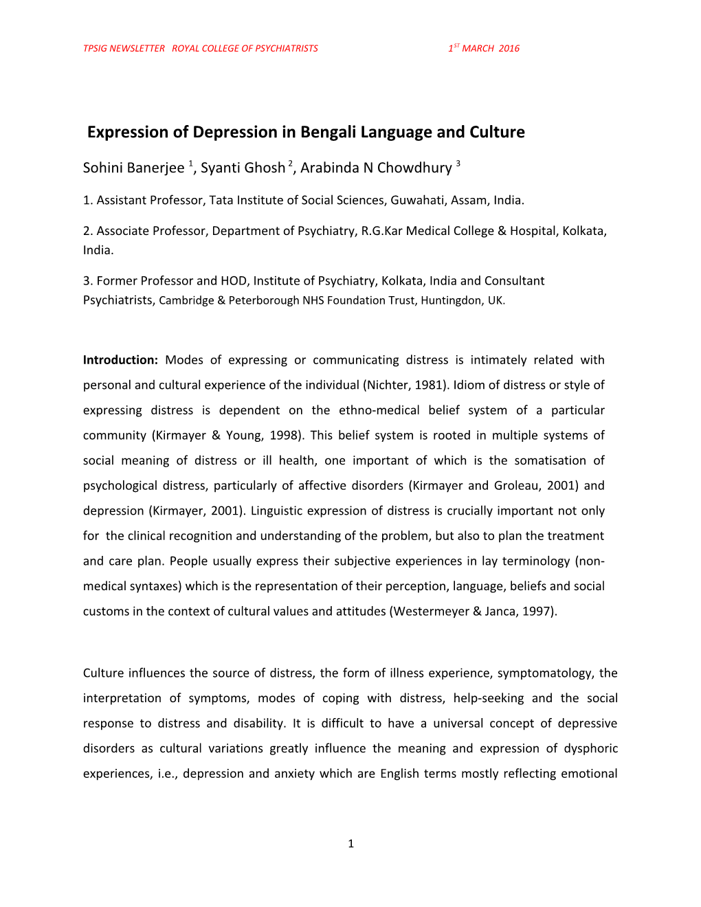 Expression of Depression in Bengali Language and Culture