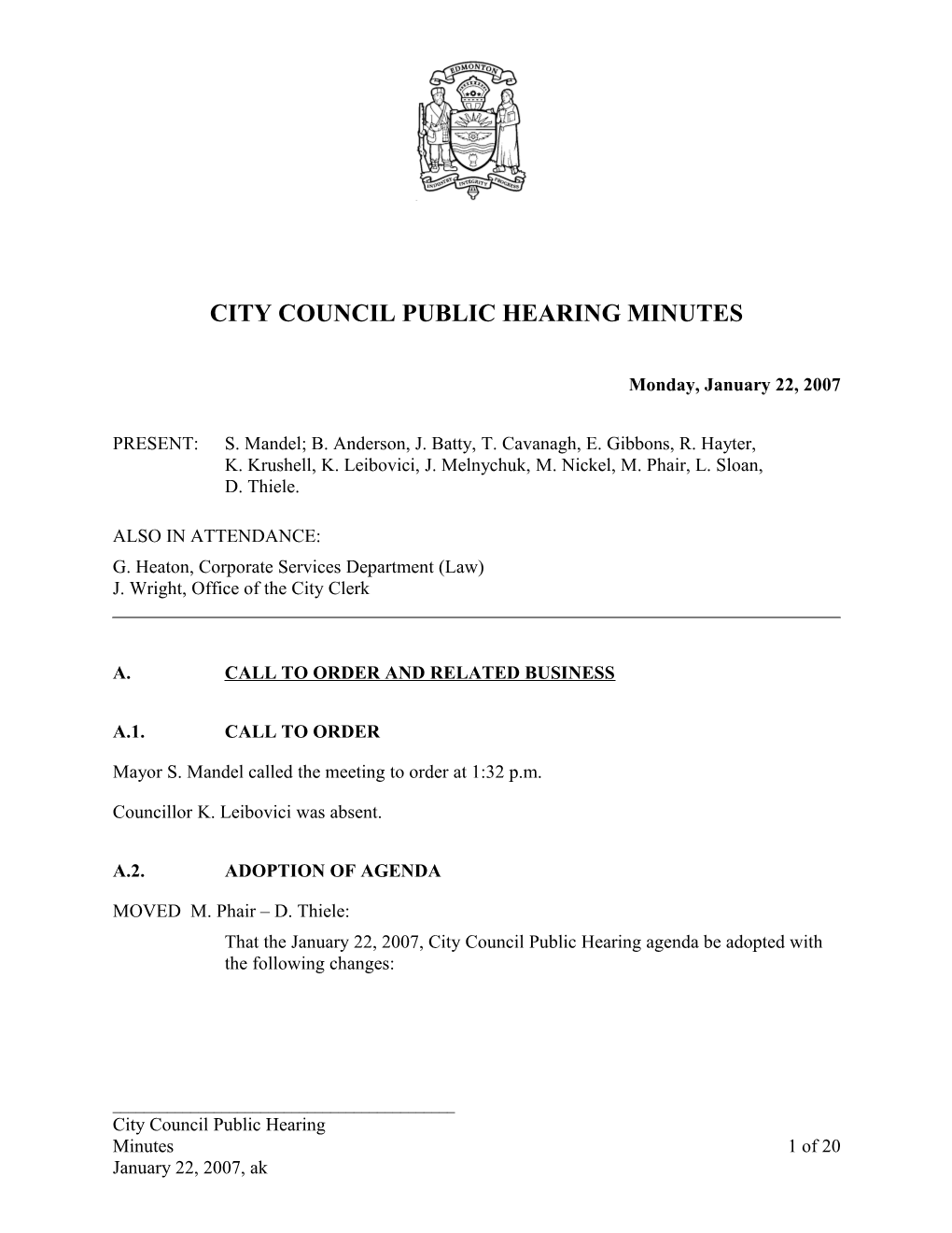 Minutes for City Council January 22, 2007 Meeting