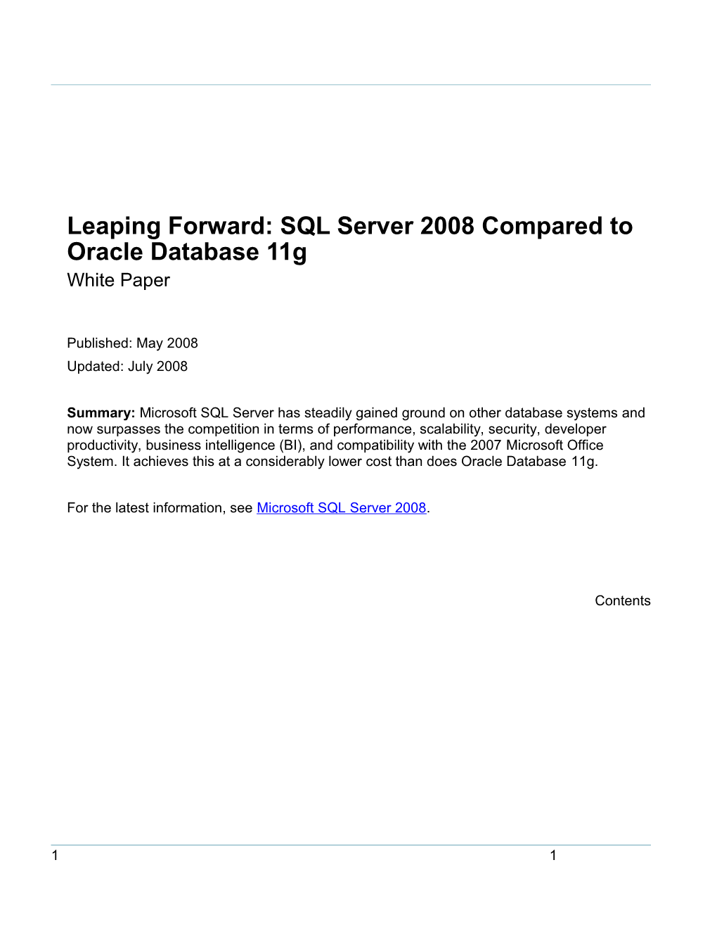 Leaping Forward: SQL Server 2008 Compared to Oracle Database 11G