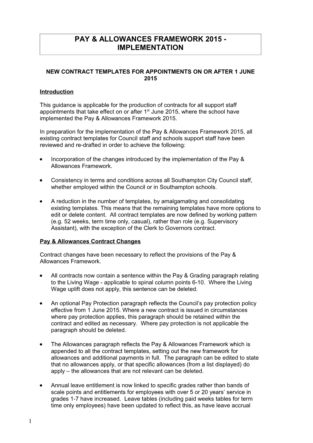 Pay & Allowances Framework 2015 - Implementation