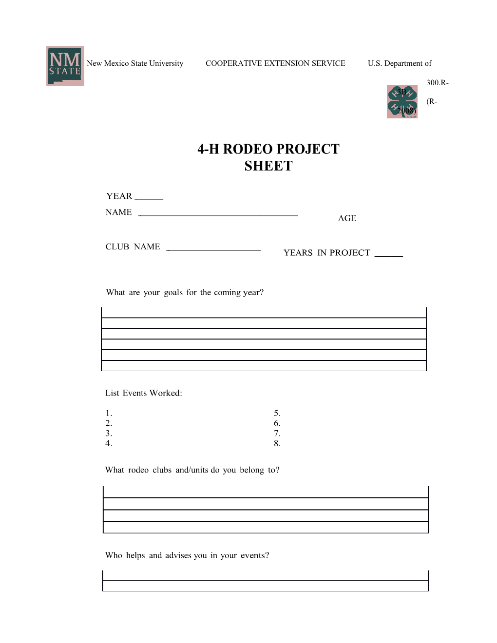 4-H Rodeo Project Sheet