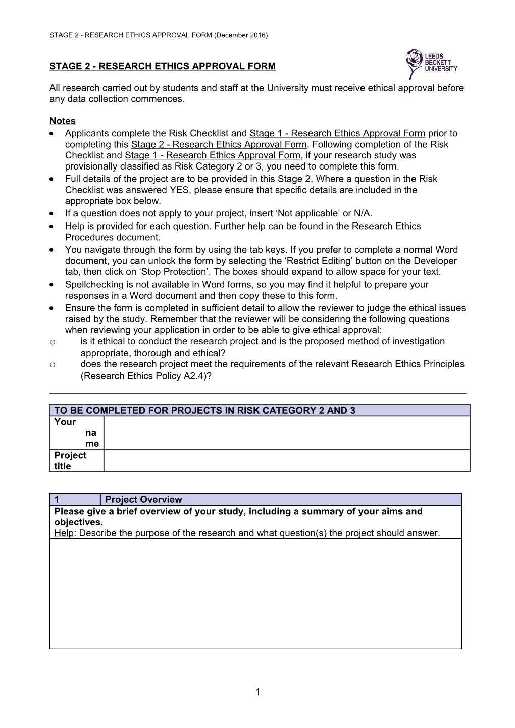 Undergraduate Research Project Ethical Authorisation / Local Approval (Form E1)