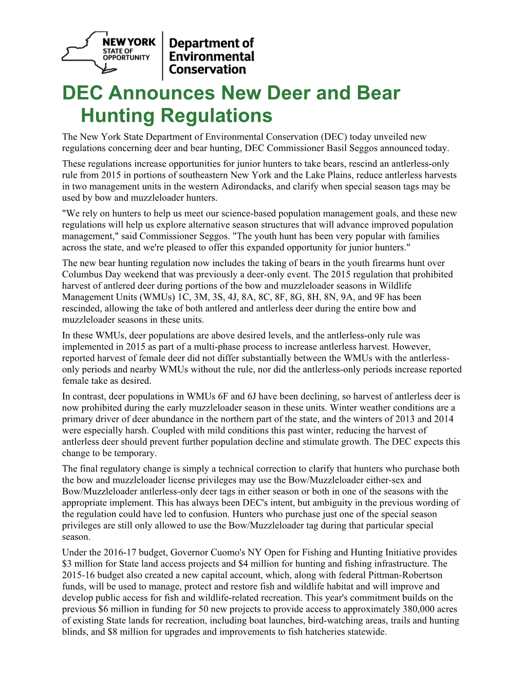 DEC Announces New Deer and Bear Hunting Regulations