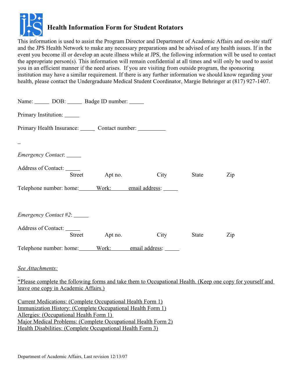 Health Information Form for Student Rotators