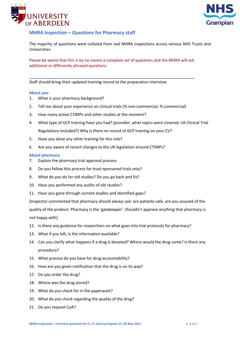 MHRA Inspection 100 Questions for Chief, Principal and Sub-Investigators