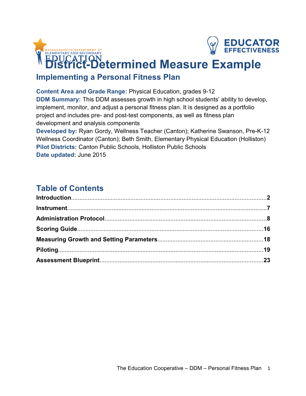 Example Common Measure: Development Report: Personal Fitness Plans for High School