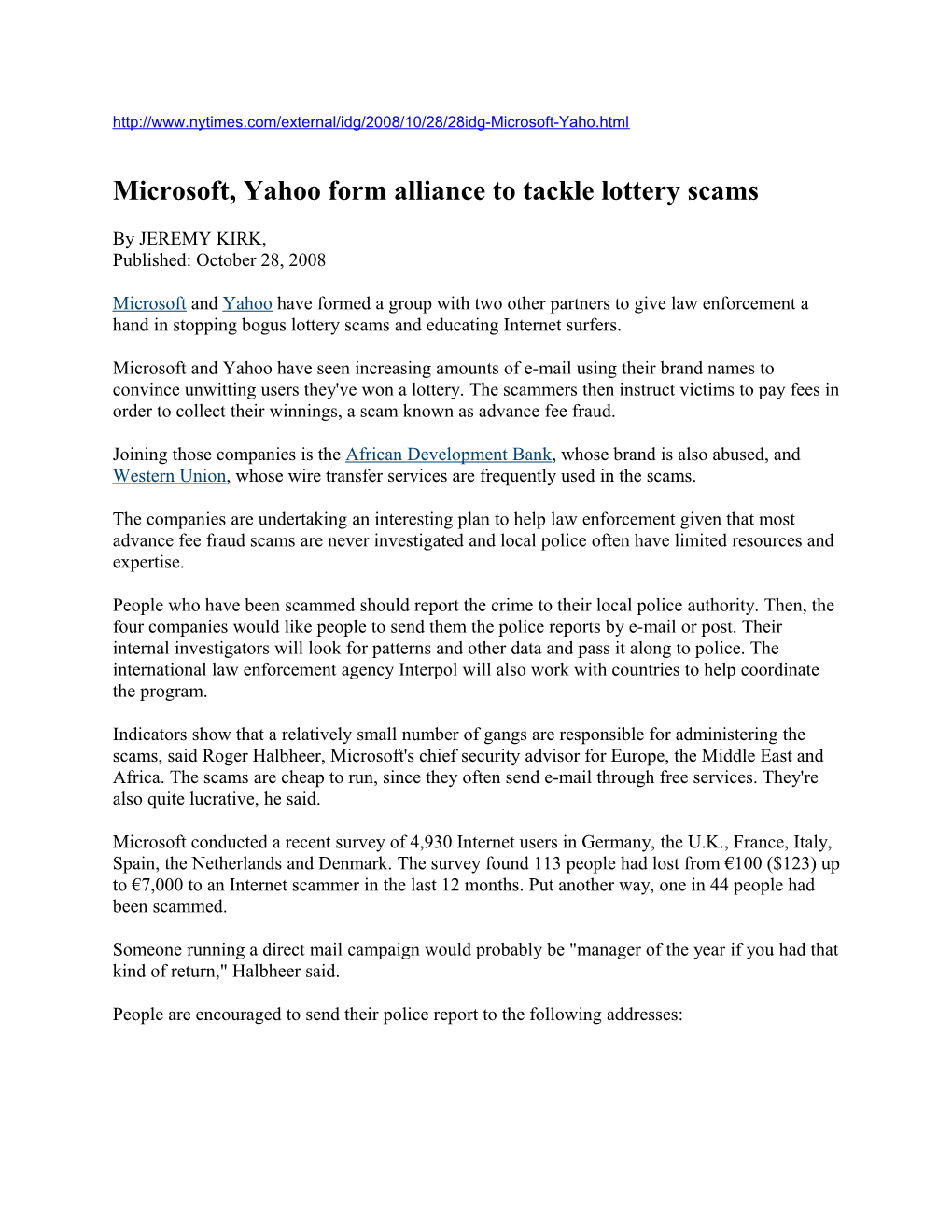 Microsoft, Yahoo Form Alliance to Tackle Lottery Scams