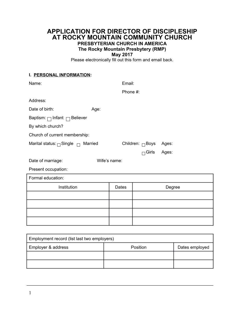 Application for Youth Pastor