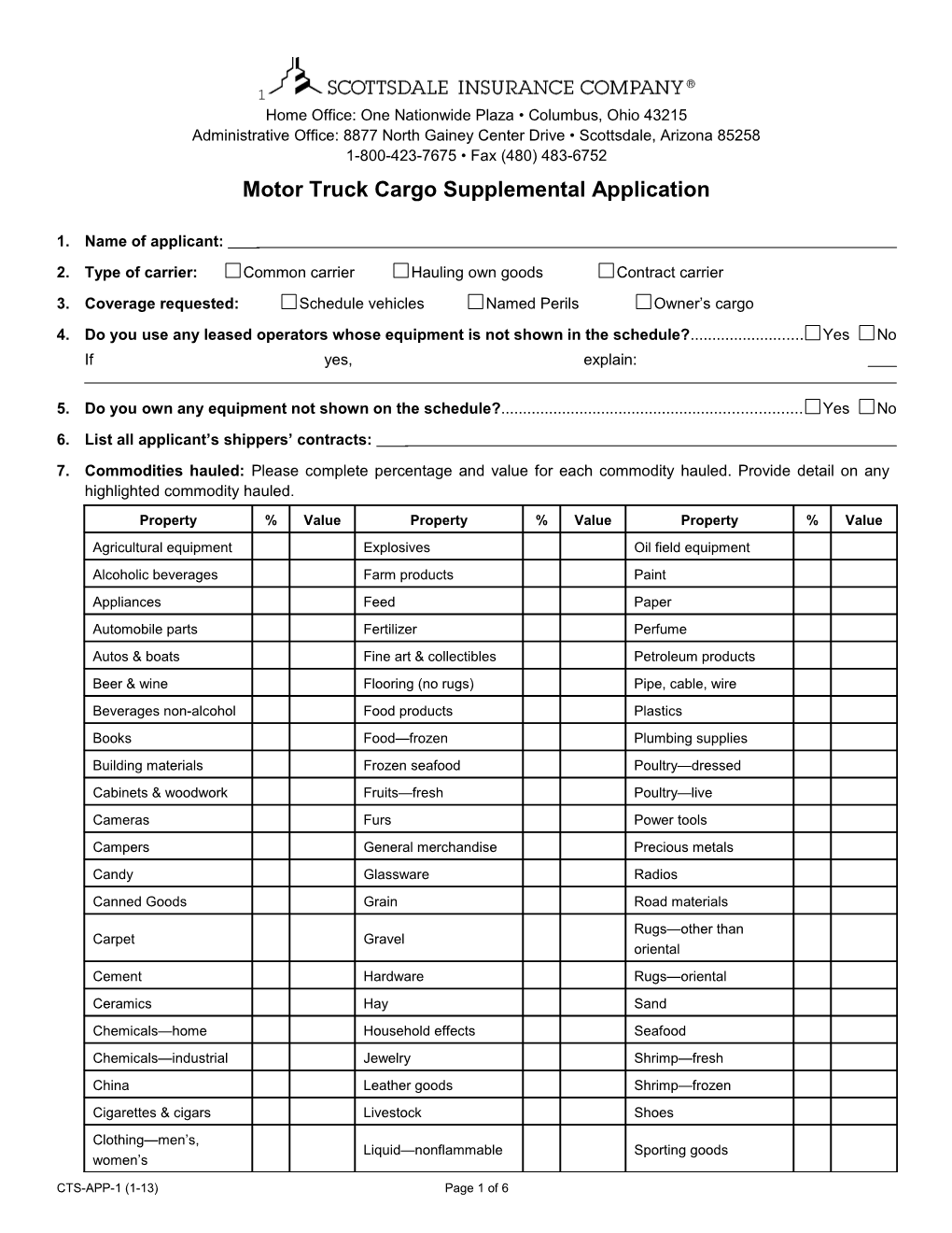 Motor Truck Cargo Supplemental Application
