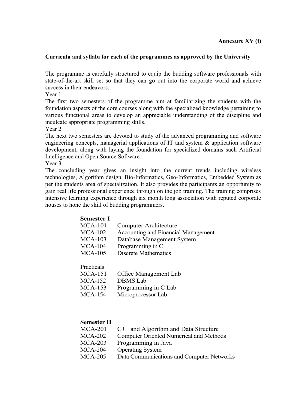 MCA Programme Structure