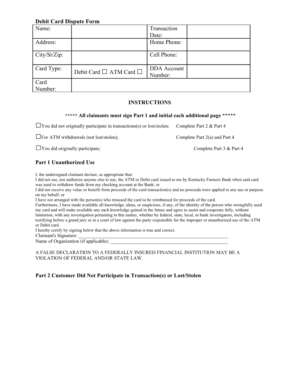 Debit Card Dispute Form