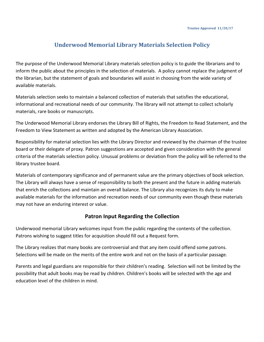 Underwood Memorial Library Materials Selection Policy