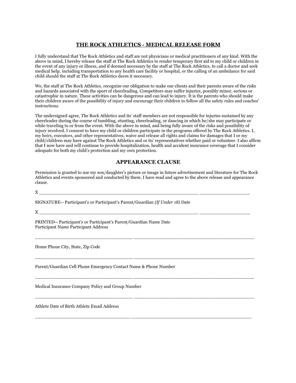 The Rock Athletics - Medical Release Form