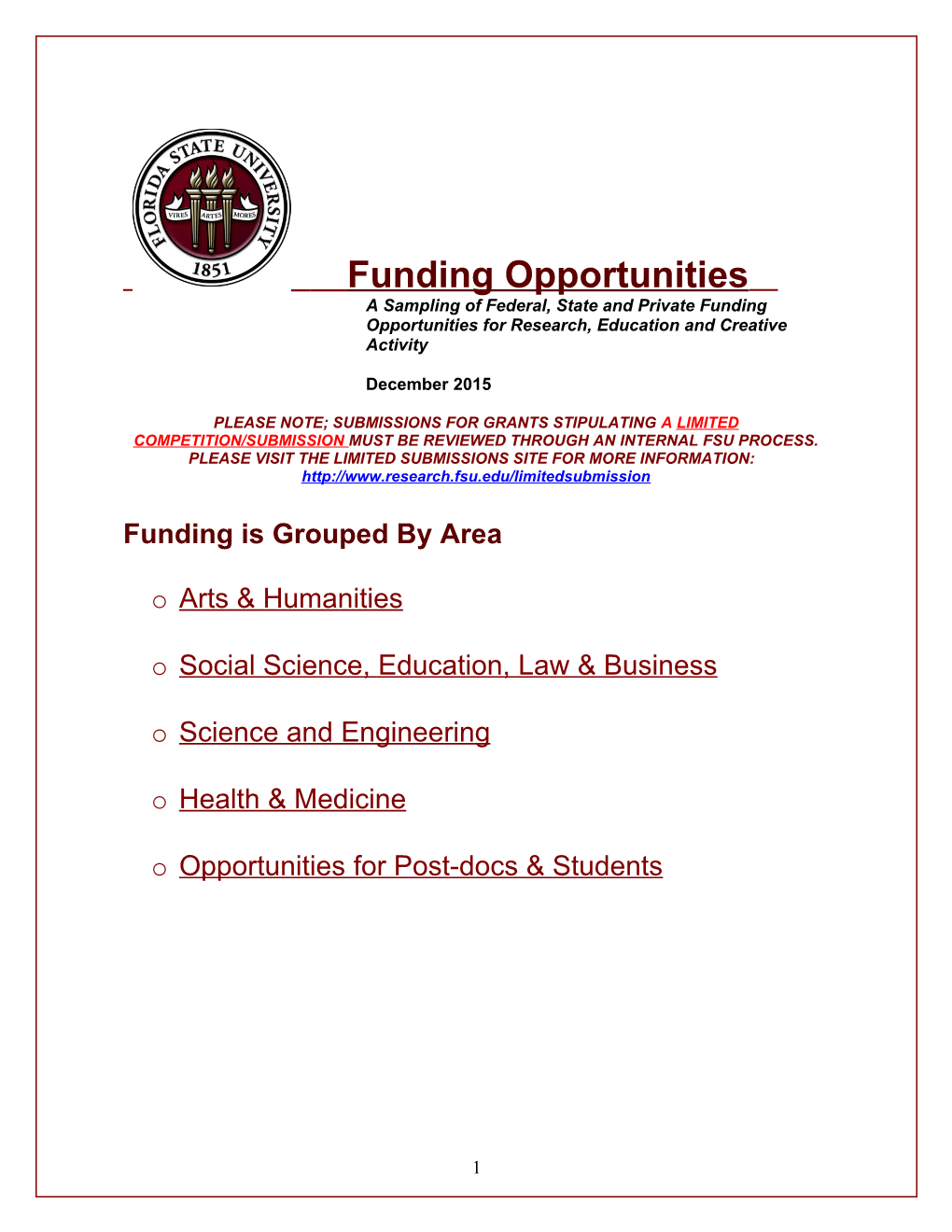 A Sampling of Federal, State and Private Funding Opportunities for Research, Education