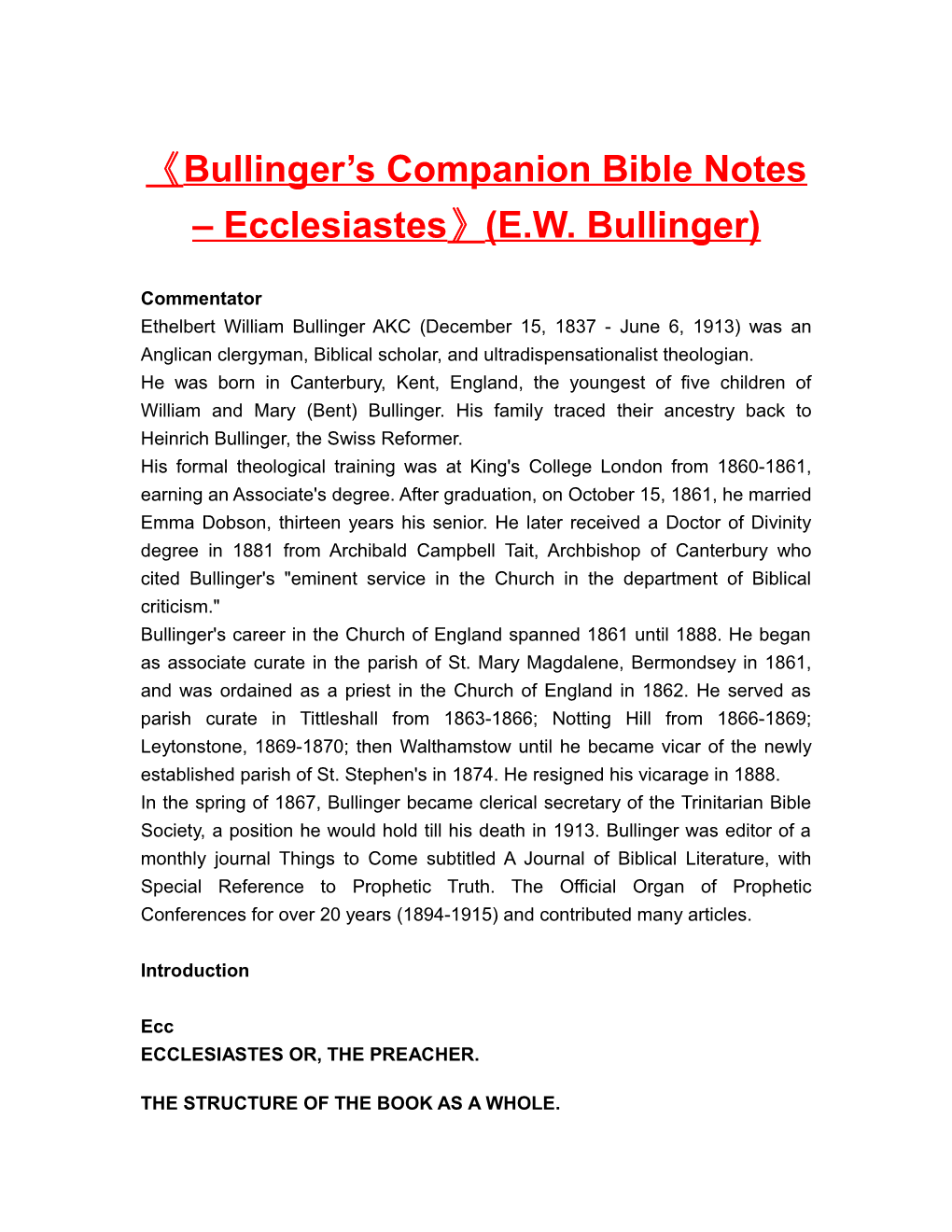 Bullinger S Companion Bible Notes Ecclesiastes (E.W. Bullinger)