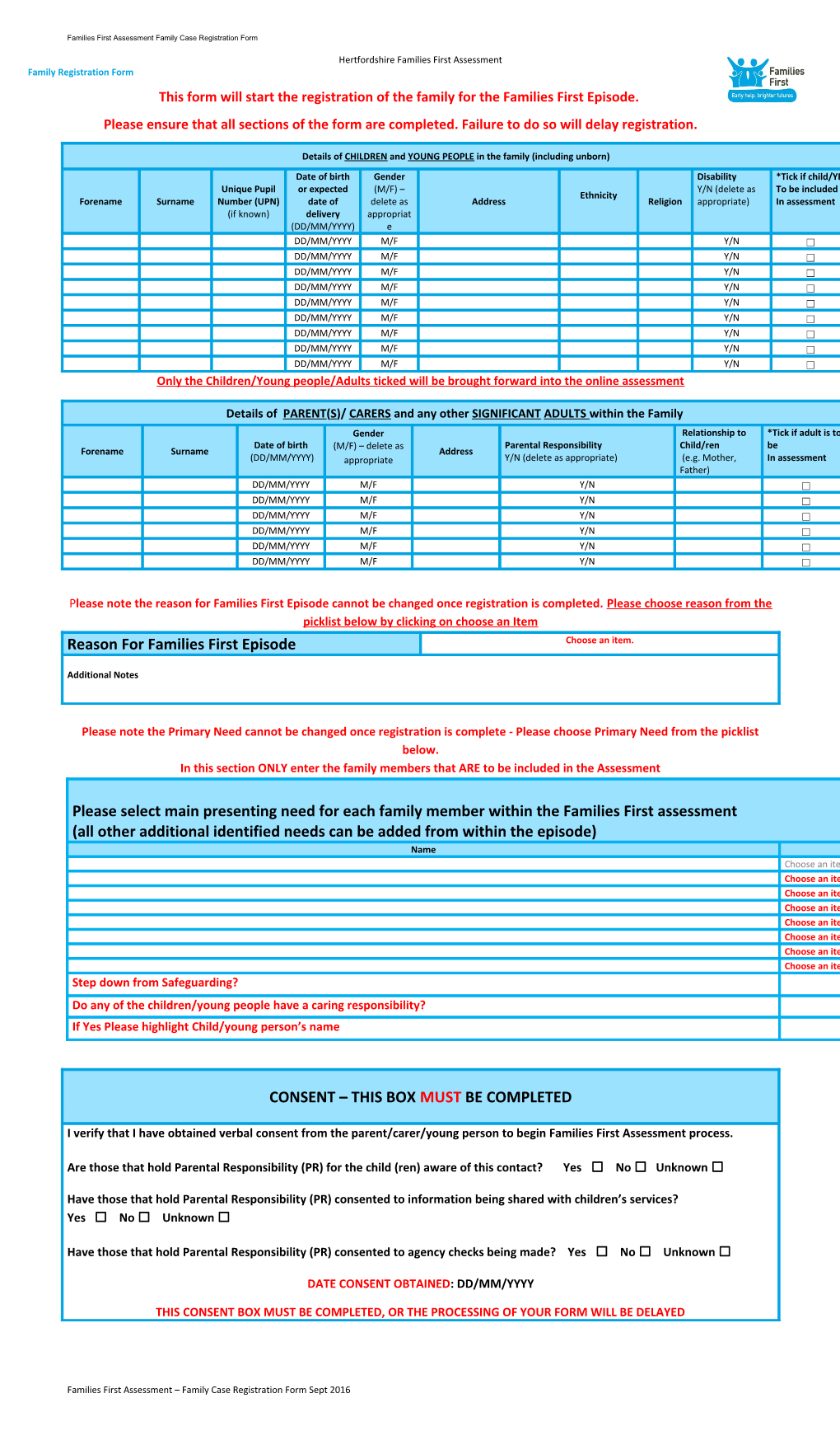 Families First Assessment Family Case Registration Form
