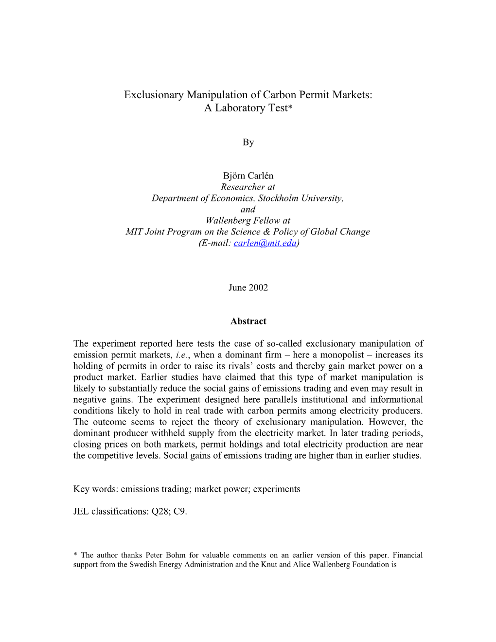 A Laboratory Test of Exclusionary Manipulation of Markets for Emission Permits