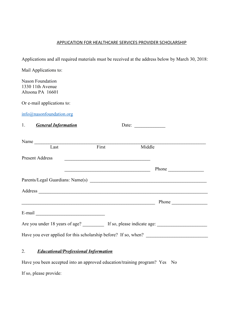 Application for Healthcare Services Provider Scholarship