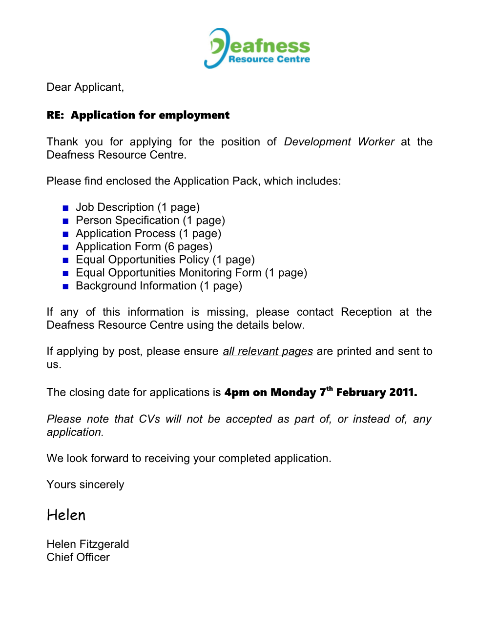 RE: Application for Employment