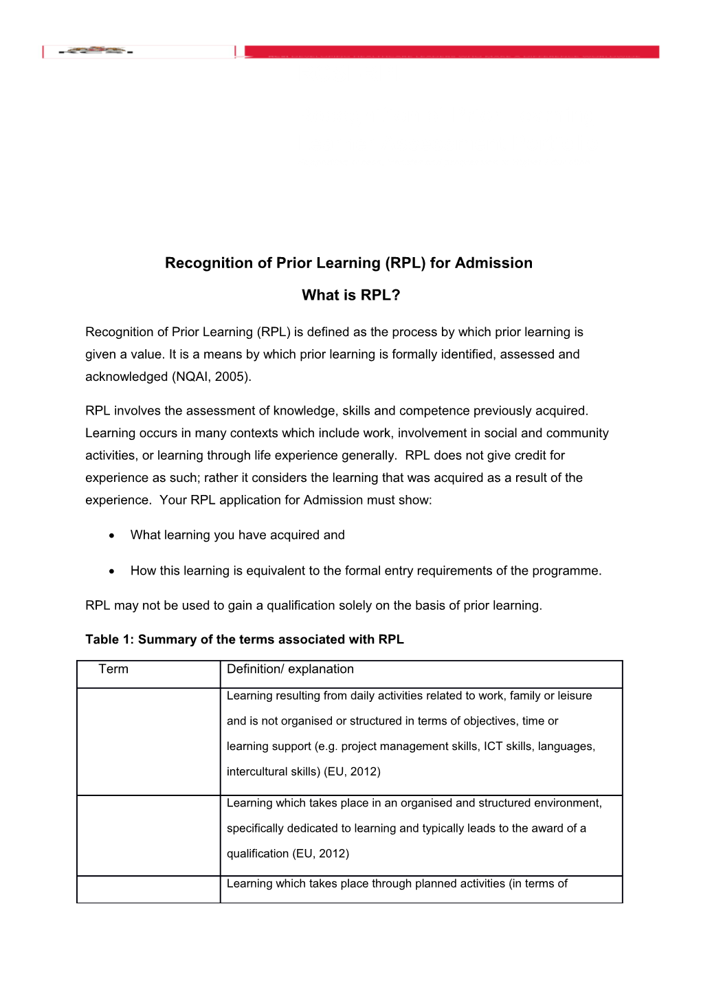 Recognition of Prior Learning (RPL) for Admission