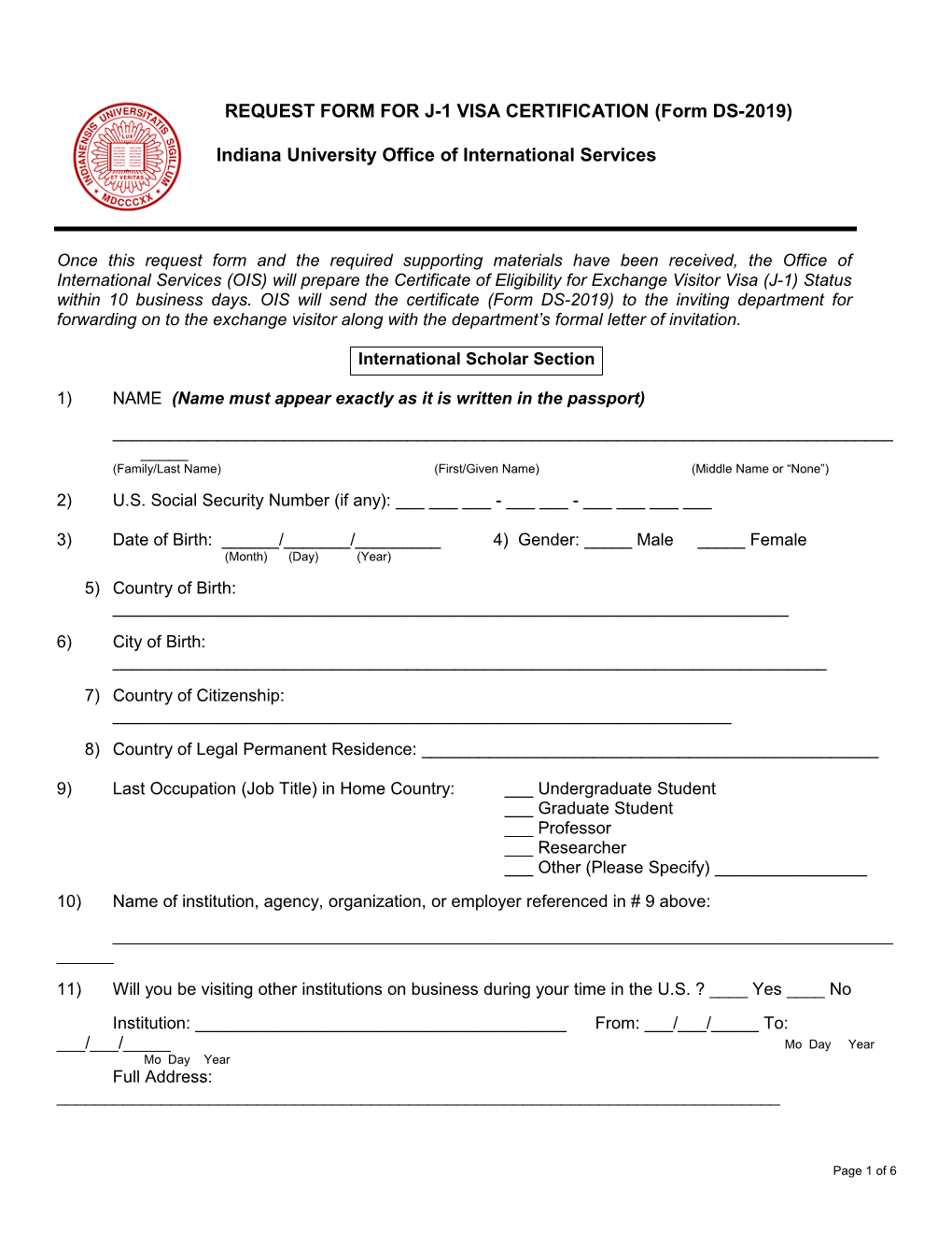 REQUEST FORM for J-1 VISA CERTIFICATION (Form DS-2019)