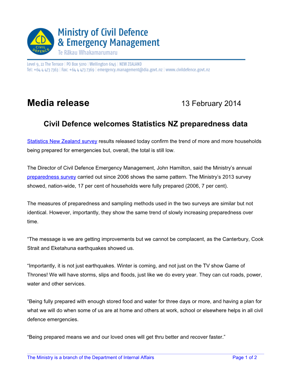 Civil Defence Welcomes Statistics NZ Preparedness Data