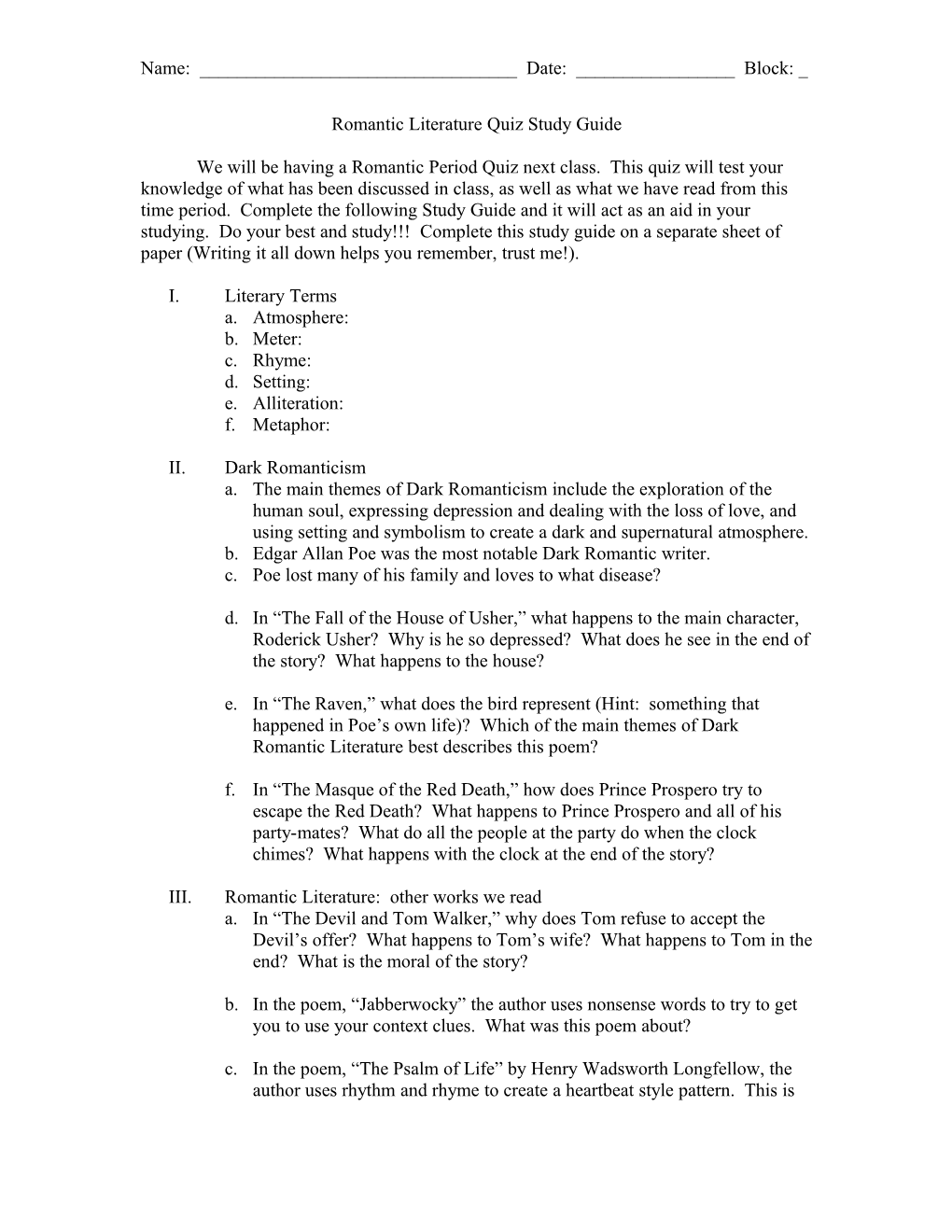 Romantic Literature Quiz Study Guide