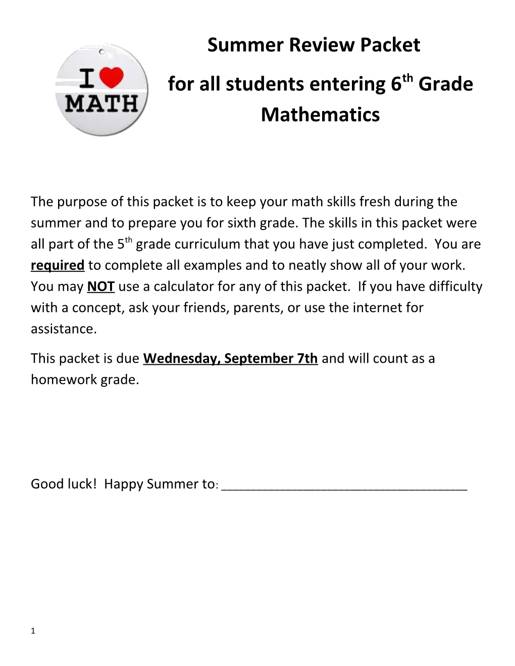 For All Students Entering 6Th Grade Mathematics