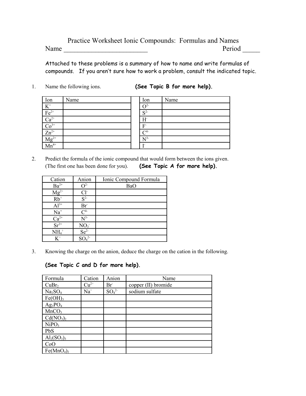 CHEM 1000 Discussion Worksheet: Chemical Compounds: Formulas and Names