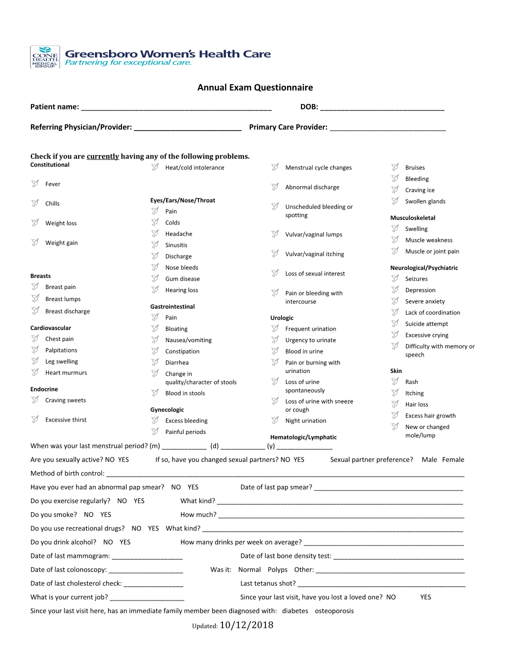 Annual Exam Questionnaire