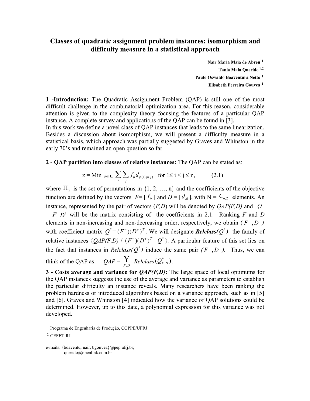 On the Use of Variance in Complexity Measures for the Quadratic Assignment