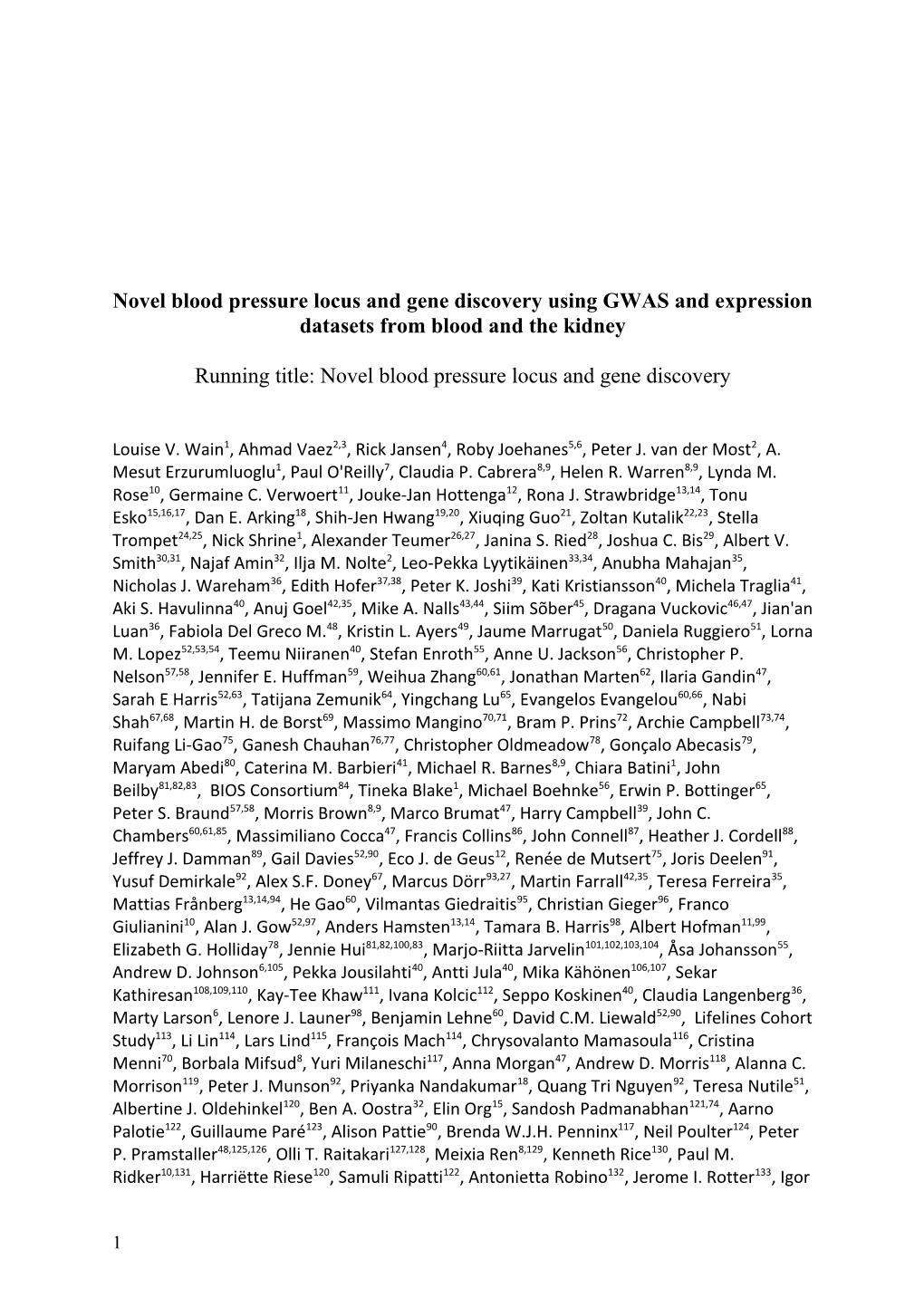 Running Title: Novel Blood Pressure Locus and Gene Discovery