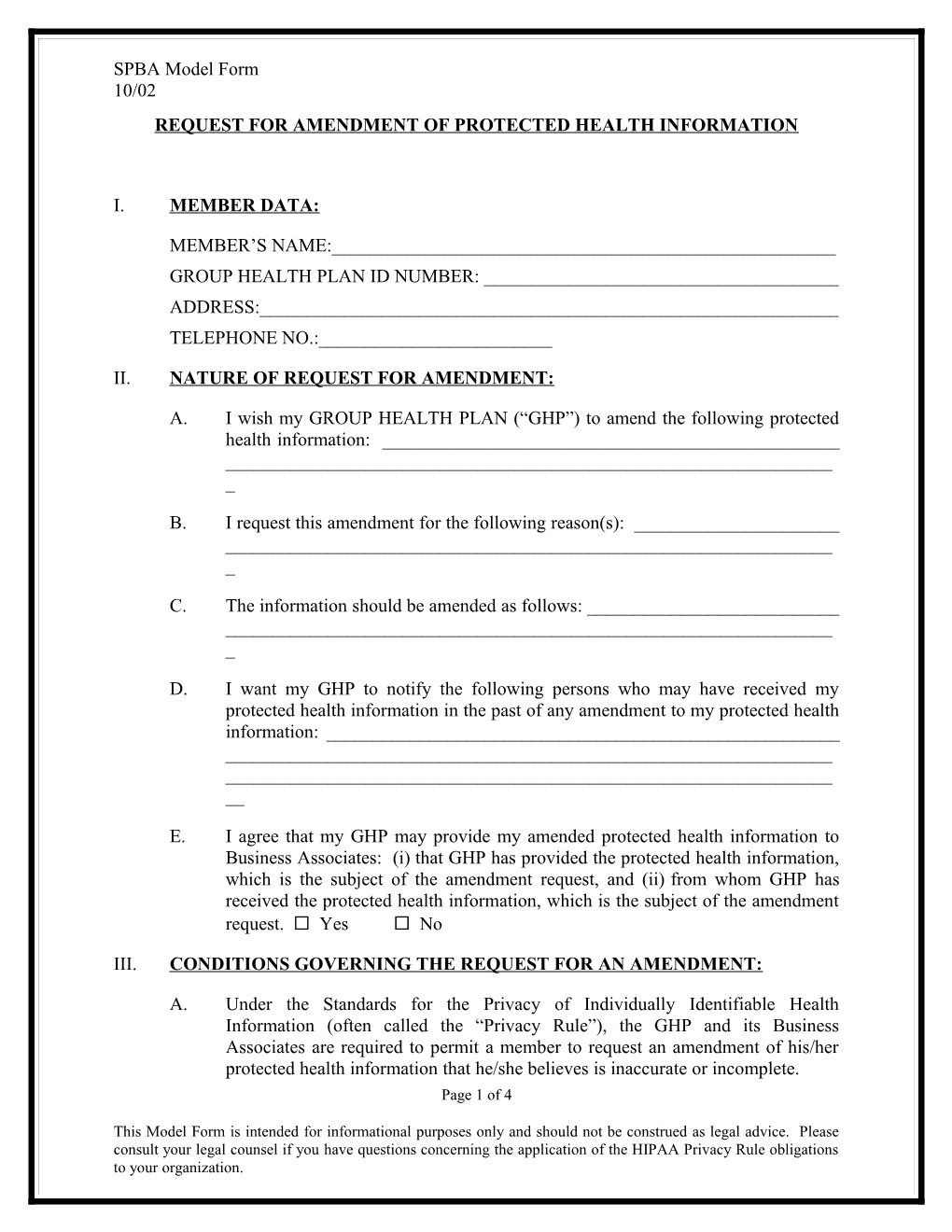 Request for Amendment of Protected Health Information