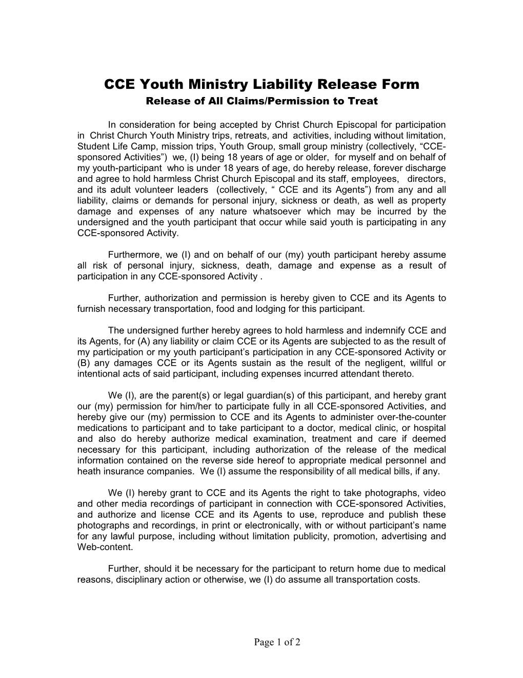 Youth Liability Release Form