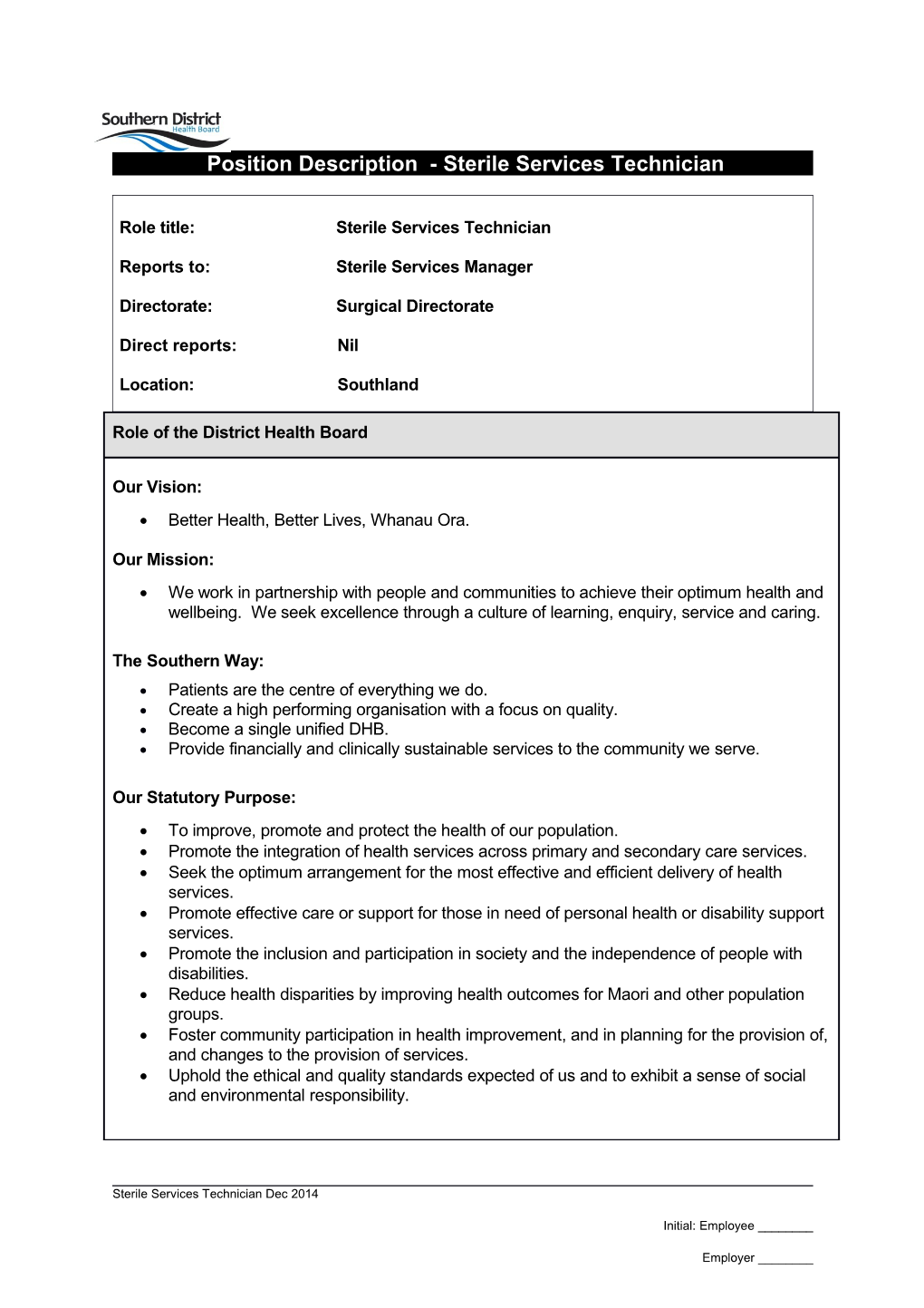Position Description - Sterile Services Technician