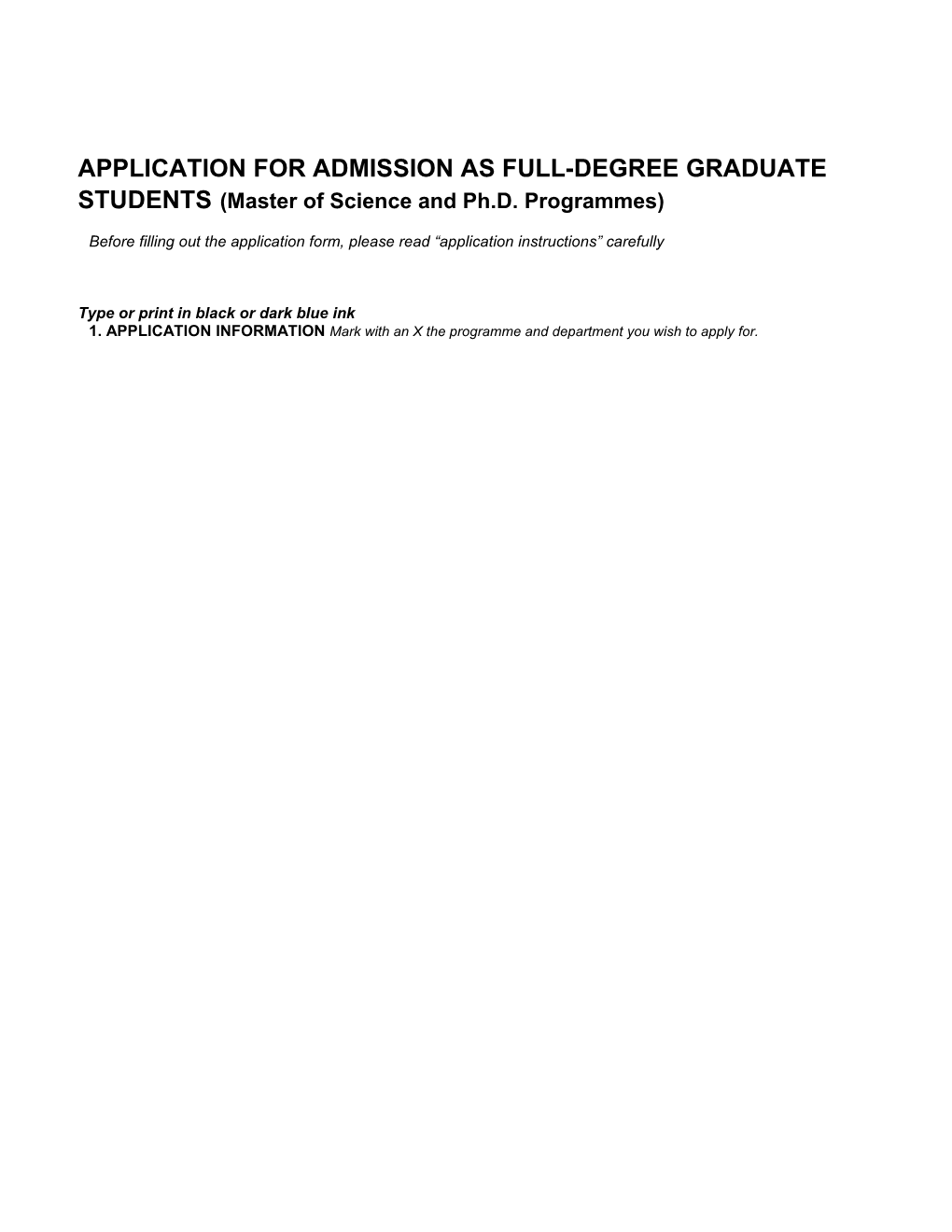 Application for Admission for Graduate Full-Degree Students