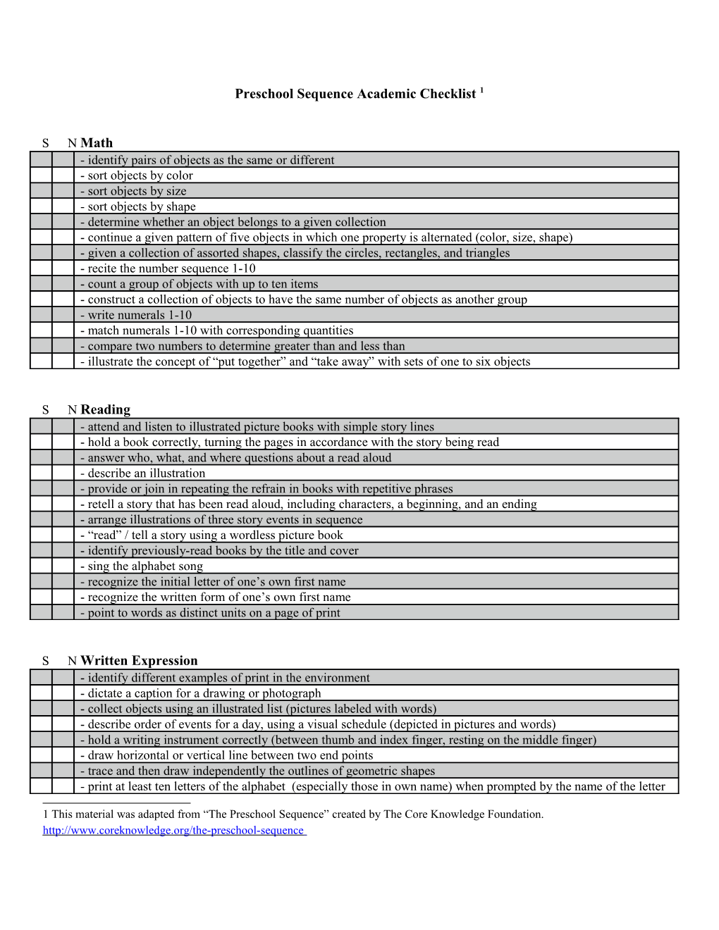 Preschool Sequence Academic Checklist 1