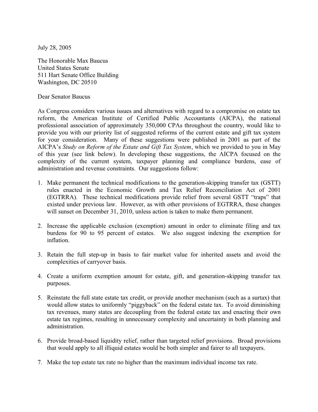 AICPA Letter to Congress on Estate Tax Reform - July 28, 2005