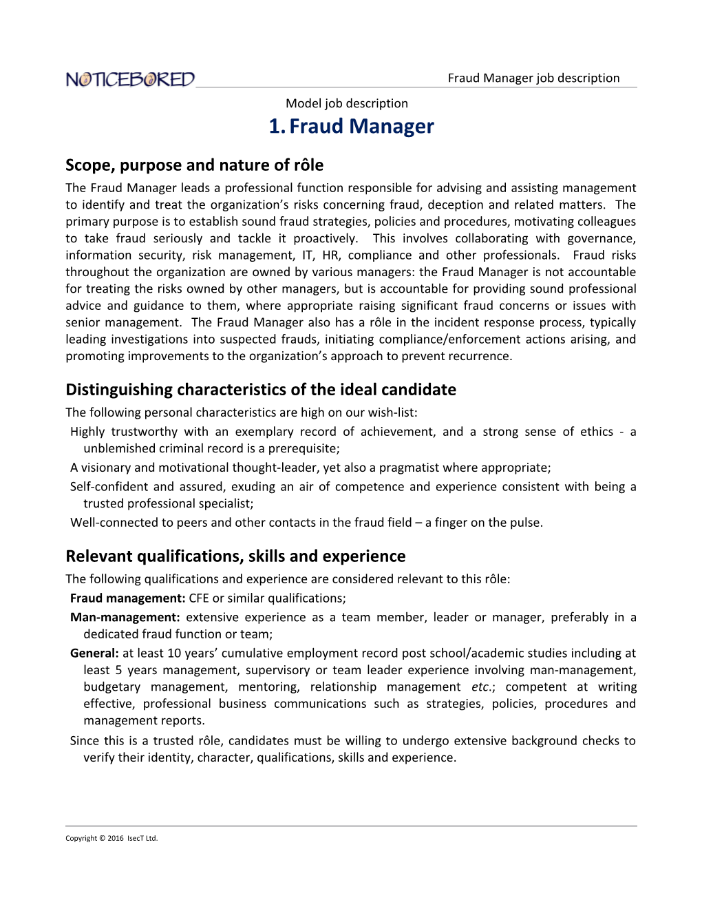 NB Model Job Description for Fraud Manager