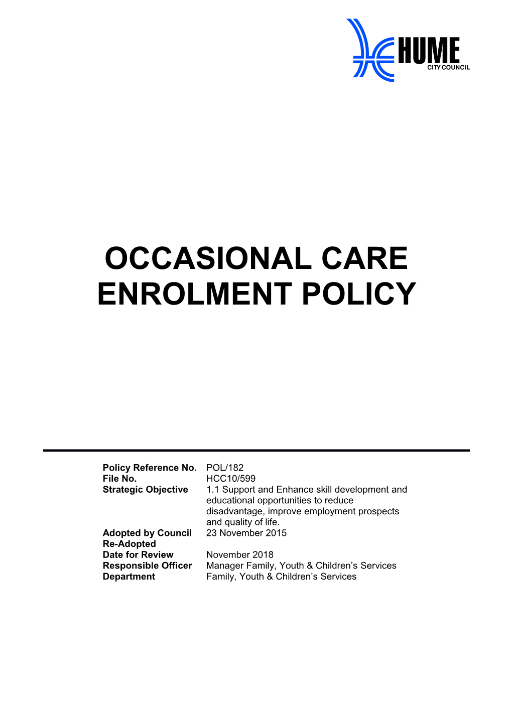 Occasional Care Enrolment Policy
