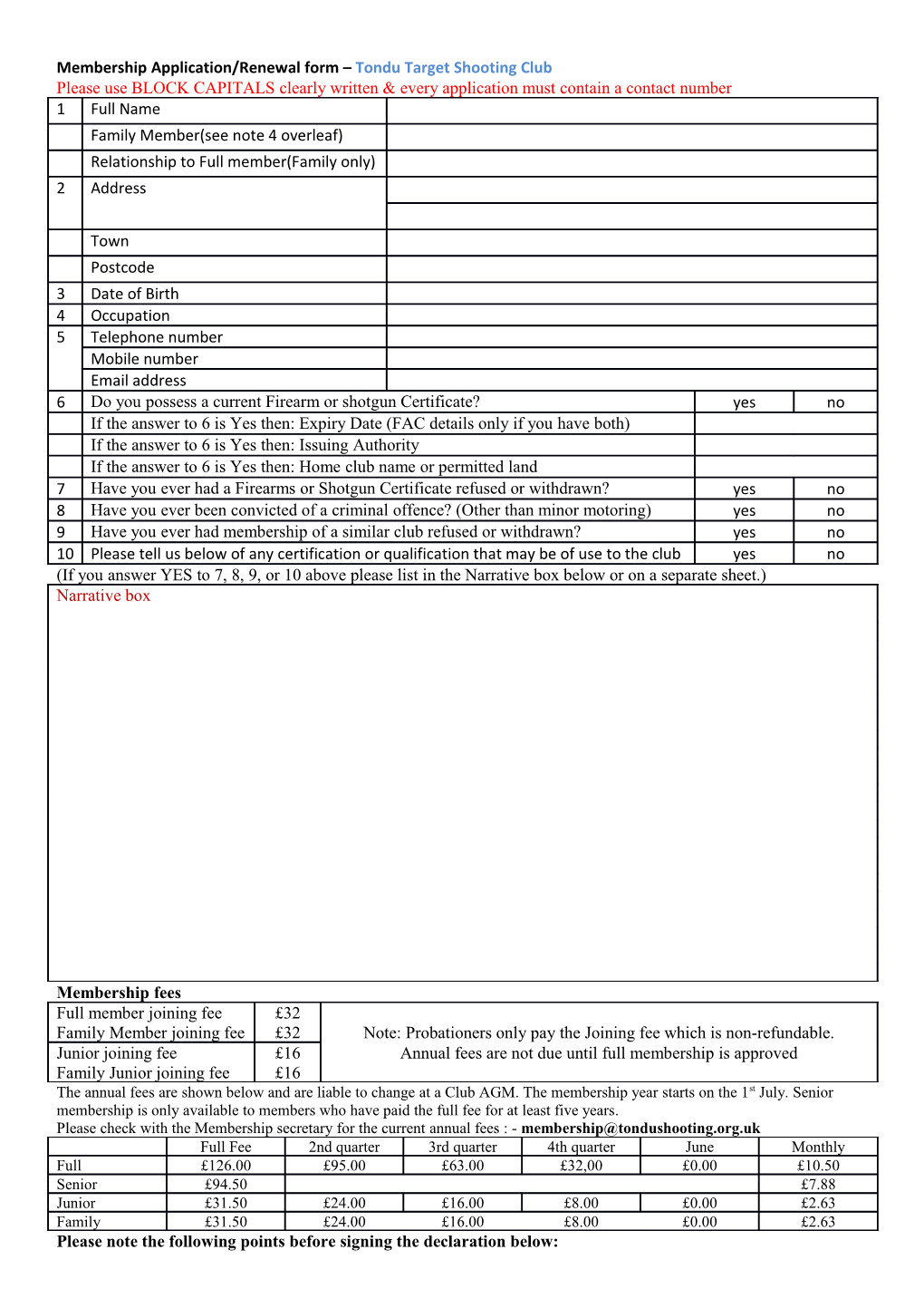 Membership Application/Renewal Form Tondu Target Shooting Club