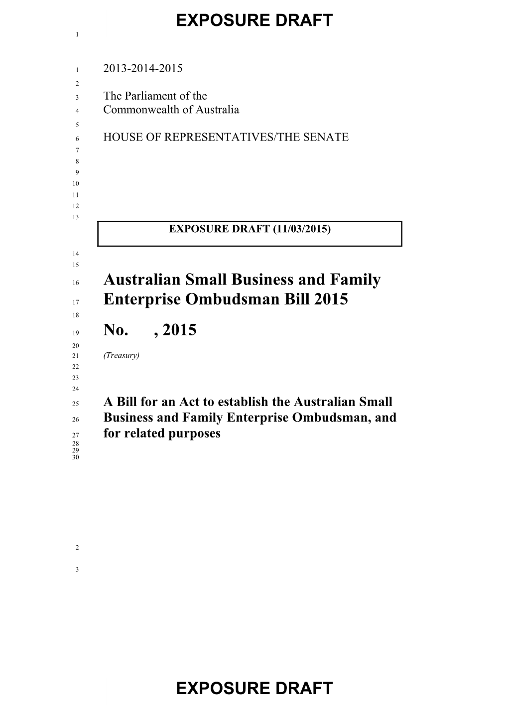 Exposure Draft Australian Small Business and Family Enterprise Ombudsman Bill 2015