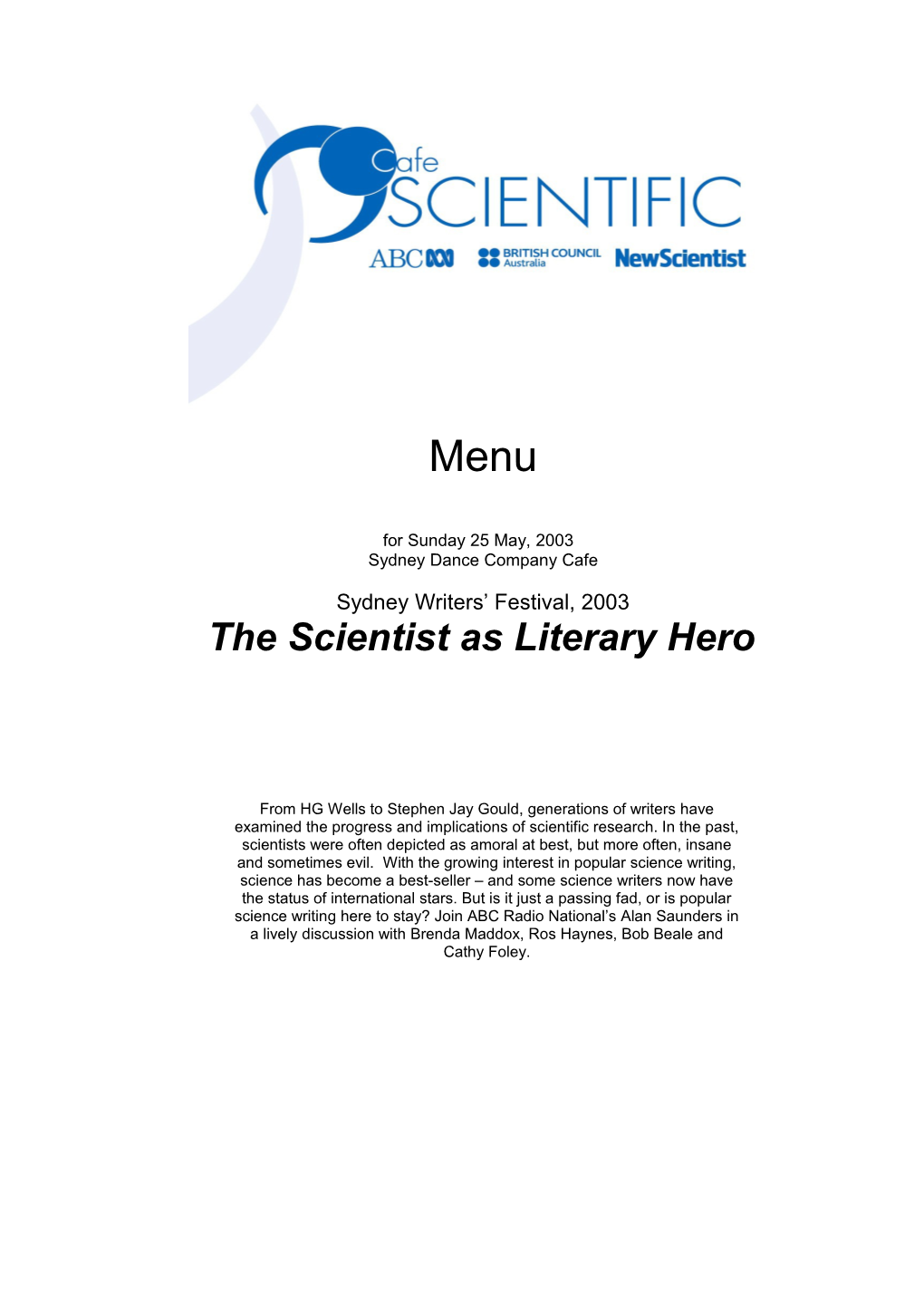 Cafe Scientific Menu