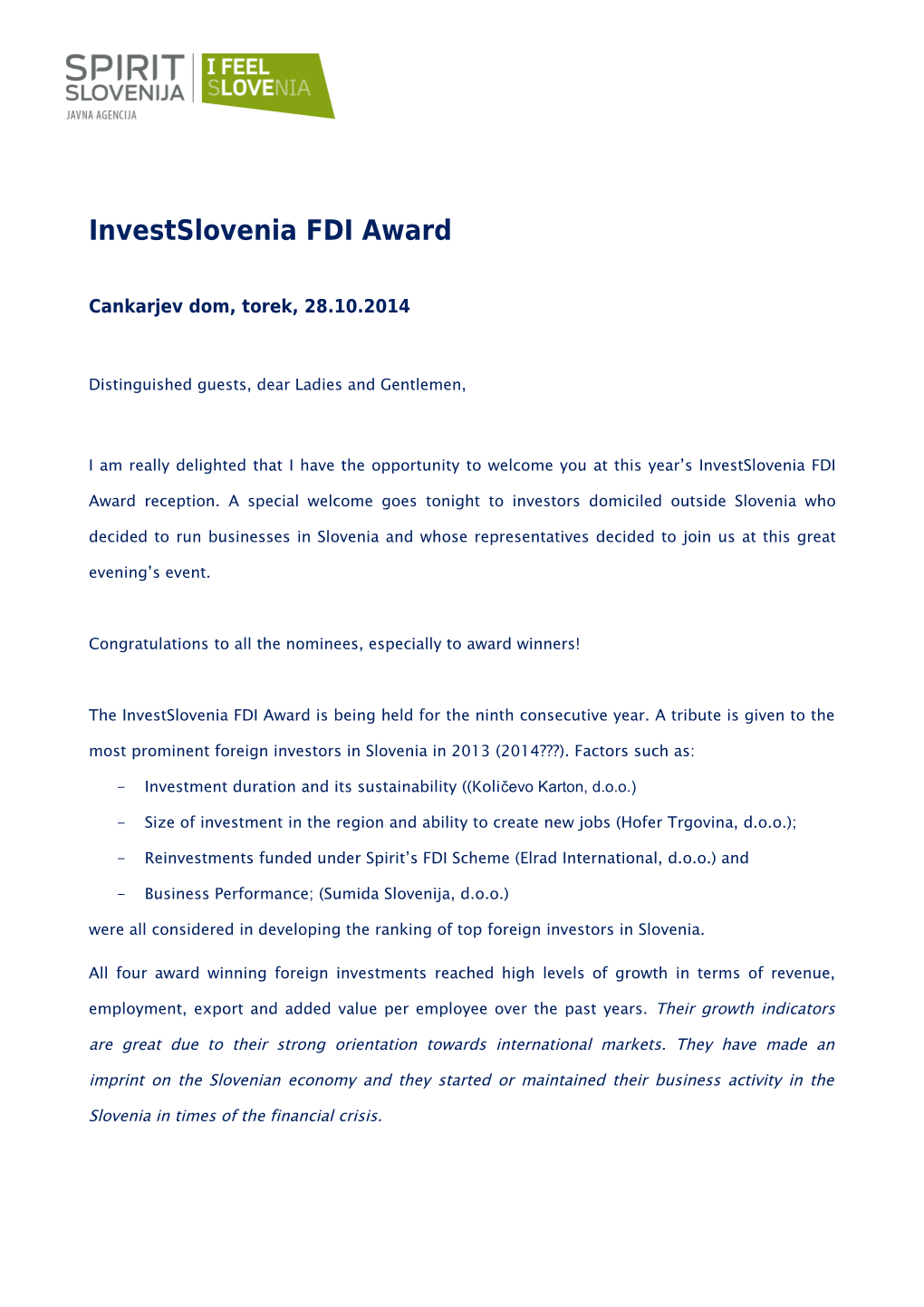 Investslovenia FDI Award